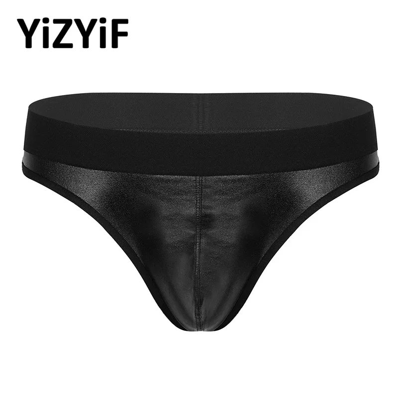 

Трусы-бикини мужские из лакированной кожи, с металлическим мешочком, с низкой талией