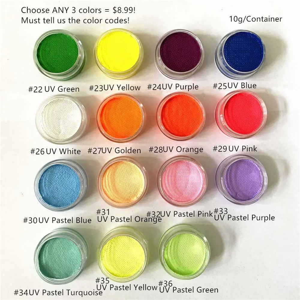 3 шт./лот УФ цветная неоновая краска на водной основе для лица и тела