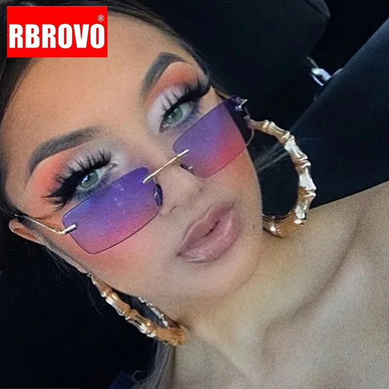 

RBROVO 2021 Small Rectangle Sunglasses Women Rimless Eyeglasses Women/Men Vintage Glasses Women Mirror Lentes De Sol Mujer UV400