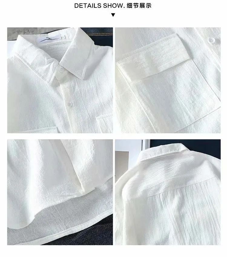 

Cotton Linen White Shirt Men Clothing Summer Loose Leisure Short sleeve Male Shirt Turn-down Collar chemise