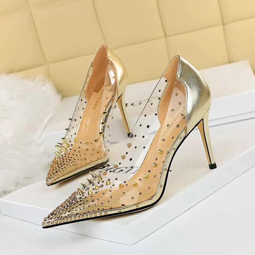 

Fashion Rivets New PVC Transparent Heels Women Pumps Sparkle Rhinestones 8.5CM High Heels Sexy Party Shoes Stiletto