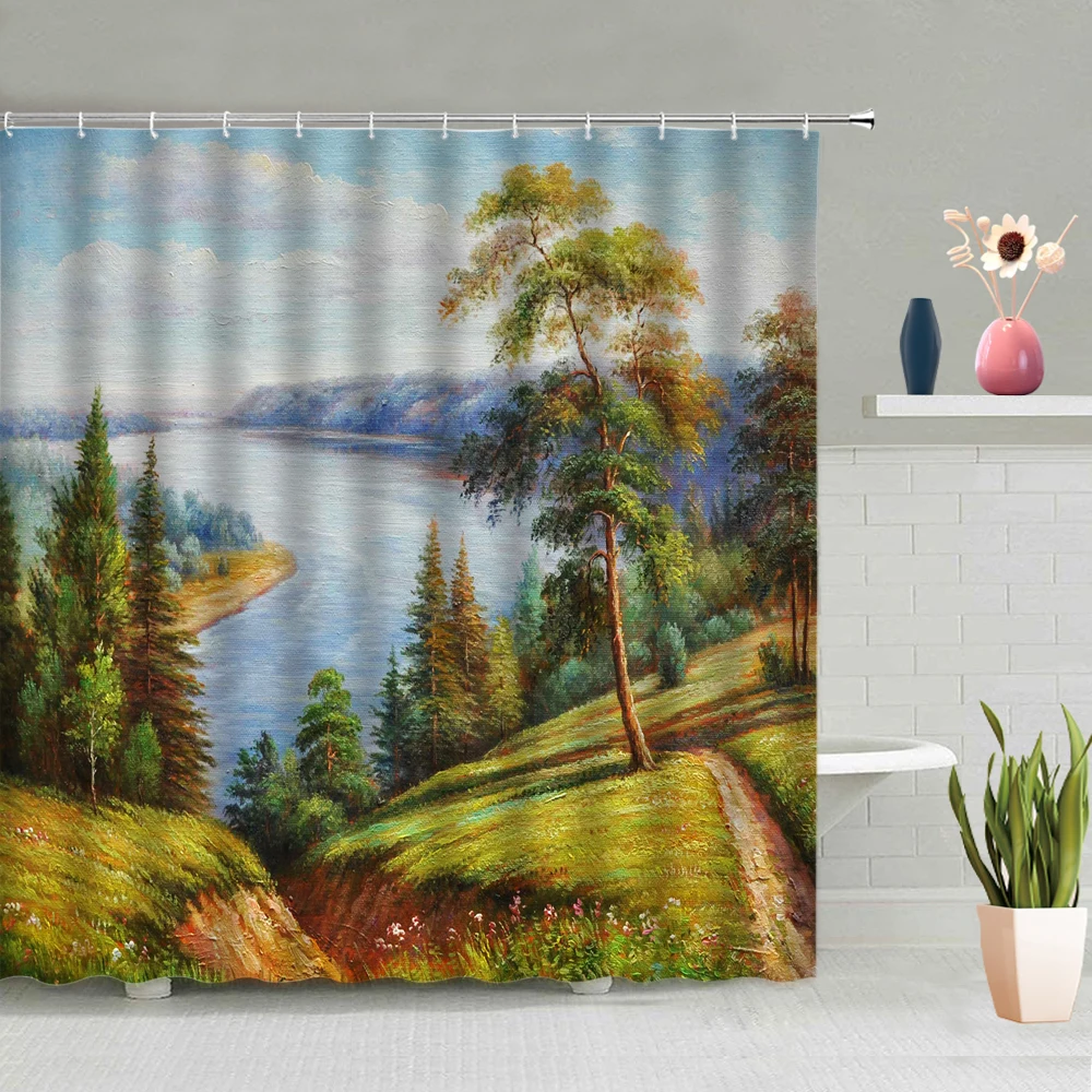 

Oil Painting Scenery Shower Curtain Country Houses Mountain Trees Elk Birds Seagull Boat Flowers Sea Forest Waterfall Pattern