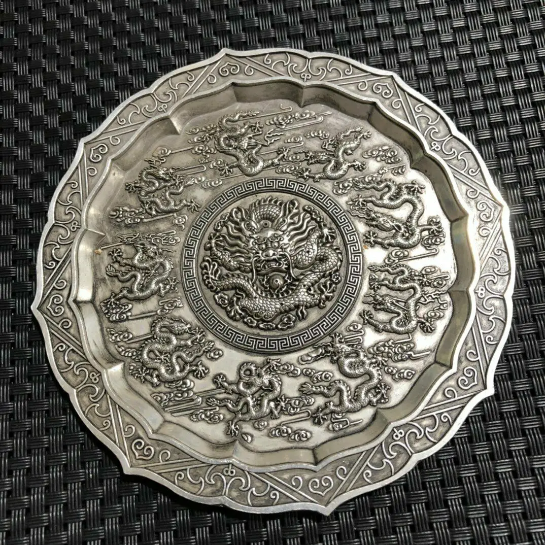 

Chinese antique copper collection copper hand-carved dragon plate
