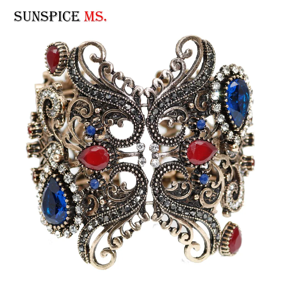 SUNSPICE-MS турецкие винтажные браслеты-манжеты для женщин античное золото цвет Смола Эластичный браслет европейские традиционные свадебные ювелирные изделия - Окраска металла: AN1467Bblue