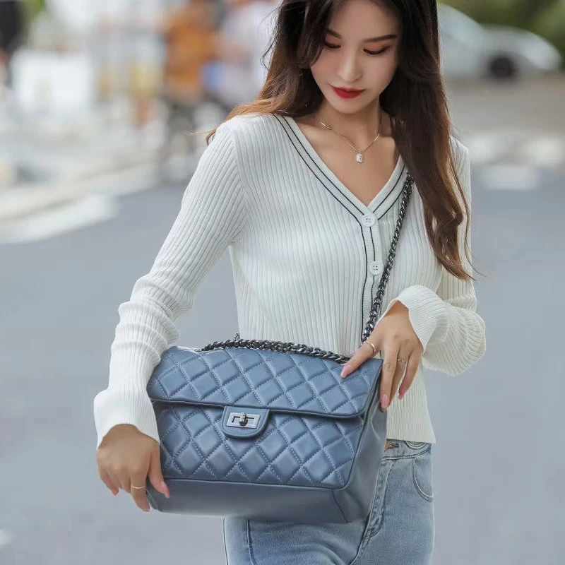 

San Maries Sheepskin Chain Crossbody Bags Lady Shoulder Handbags Large Plaid Pattern Female Fashion Purses Totes for Women