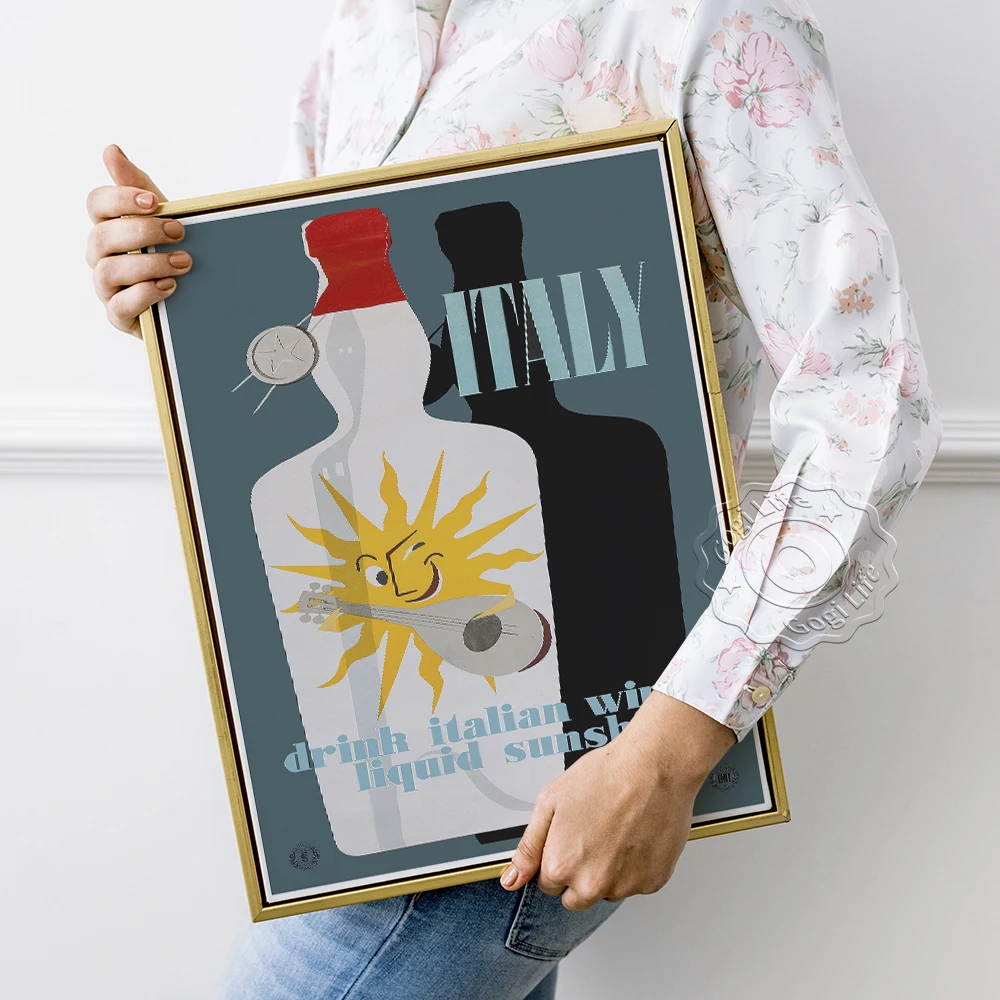 

Italian Liquid Sunshine Vintage Poster, Drink Italian Wine Publicity Art Prints, Funny European Advertising Wall Picture Decor