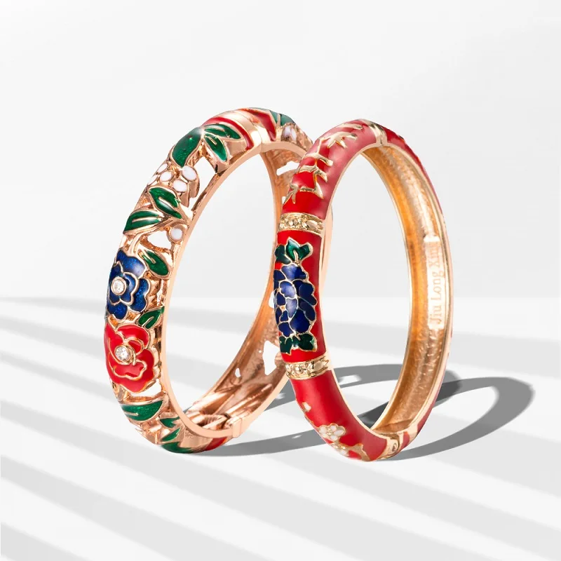 

Female Chinese Cloisonne Bangles Flower Cuff Bracelets Fashion Jewelry Stylish Style Vintage Zinc Bangle