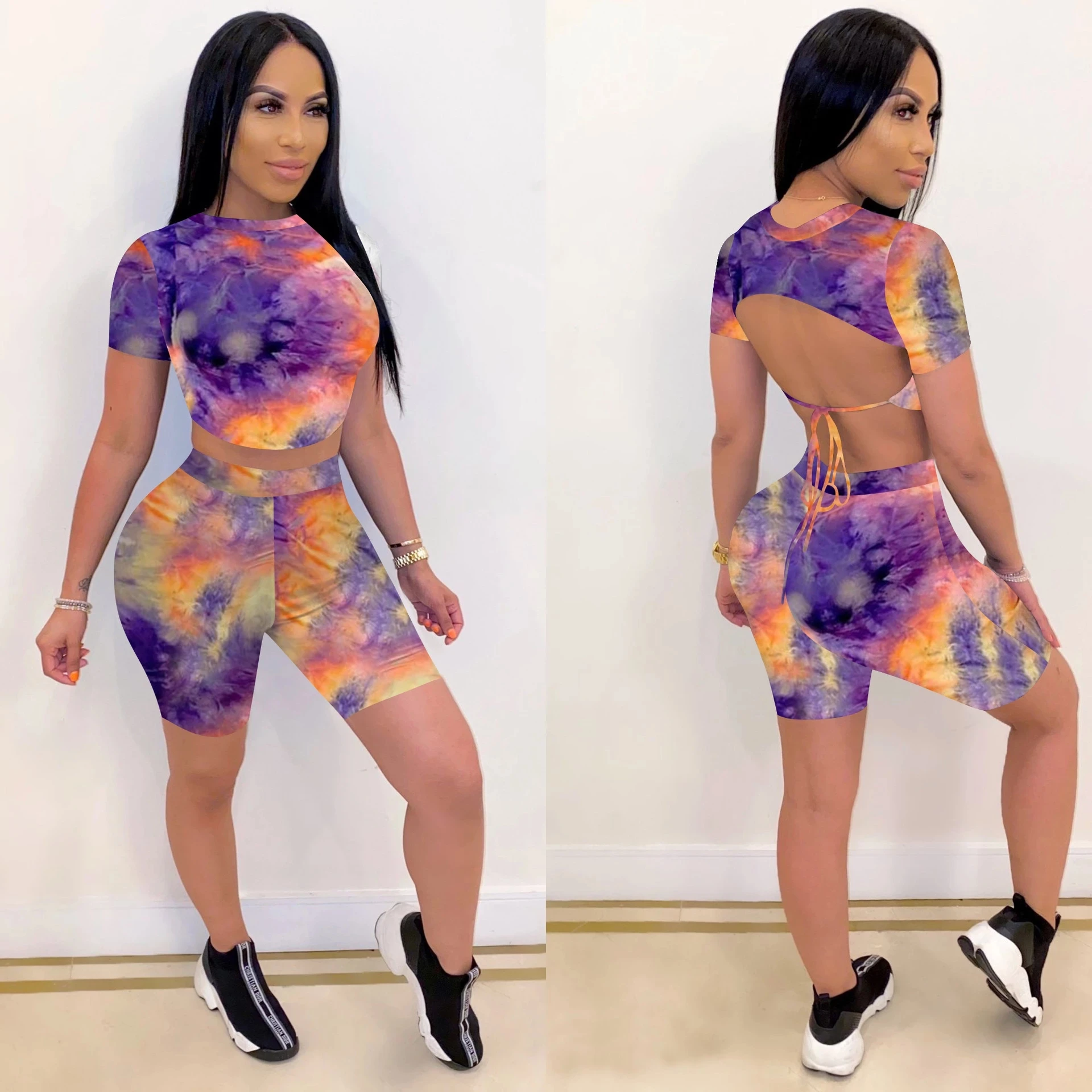 

Tie Dye Print Women Short Sleeve Backless T-shirt Crop Top High Waist Shorts Pants Workout Tracksuit Summer Outfit 2pcs Set 2021