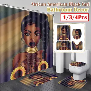 4pcsset African Black Woman Girl Bathroom Waterproof Shower Curtain Toilet Cover Pedestal Non Slip Rug Home Decor Set