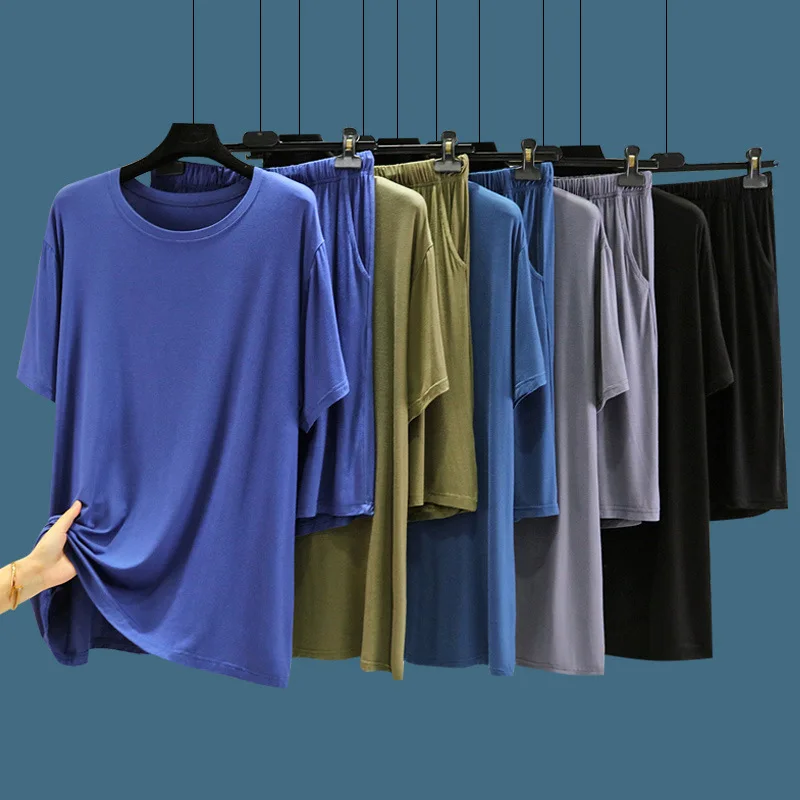 Fdfklak 4XL-6XL Modal Men's Short-Sleeved T-Shirt Summer O-Neck Large Size Shorts Suit Loose Top Solid Color Two-Piece Set