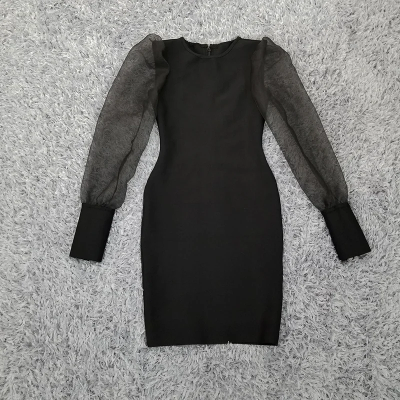 

High Quality Black Mesh Sleeve Celebrity Rayon Bandage Dress Evening Party Dress
