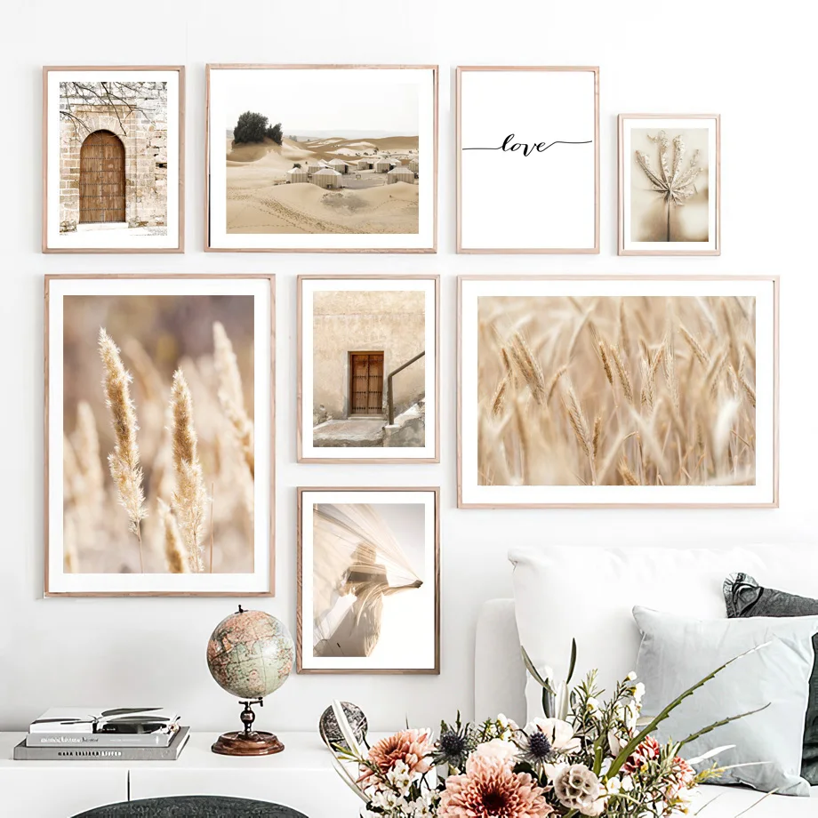 

Beige Desert Reed Stair Door Wall Art Leaf Girl Orange Canvas Painting Nordic Posters and Prints Wall Pictures Living Room Decor