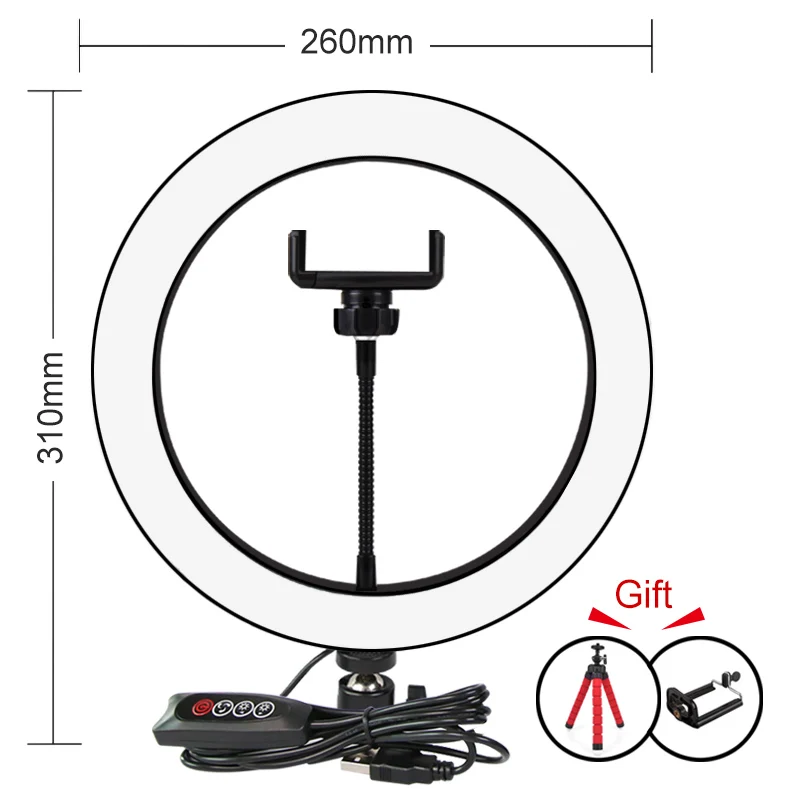26cm(with phone clip Светодиодный кольцевой светильник для селфи с регулируемой яркостью для фотосъемки, для макияжа, видео, фотостудии, кольцевая лампа с держателем штатива для вашего мобильного телефона - Цвет: 26cm(with phone clip