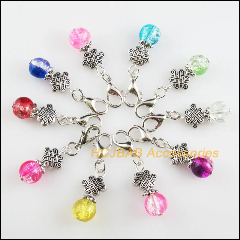 

10 New Chinese Knot 10x21mm Charms Mixed Shivering Glass Tibetan Silver Plated Retro With Lobster Claw Clasps