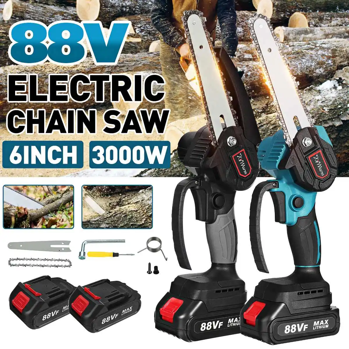 6 Inch 88V 3000W Mini Electric Chain Saw With 2Pcs Battery Woodworking Pruning ChainSaw One-handed Garden Logging Power Tool