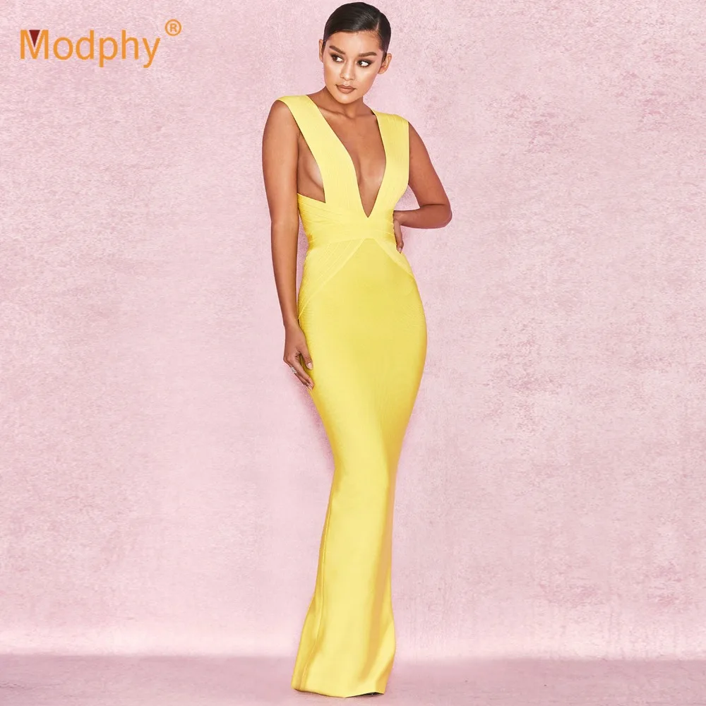 Женское элегантное бандажное платье желтое длинное облегающее без рукавов с