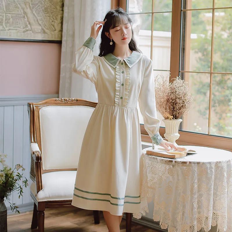 

Women's Spring Autumn Style Dress Women's Button Peter Pan Collar Patchwork Long Sleeve Elegant Sweet Dress AA3481