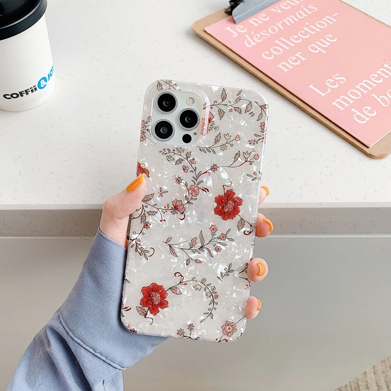

Luxury Shell Pattern Flower Phone Case For iPhone 12 11 Pro Max X XR XS Max 7 8 Plus Bumper Back Cover 12
