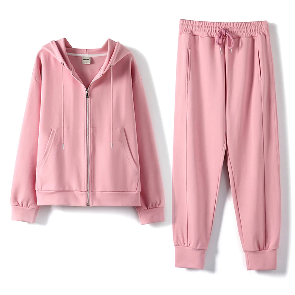 

Fashion Cotton Hoodies And Pants Sweatwear Two Piece Set Women Elastic High Waist Zip Up White Pink Fall Clothes For Women