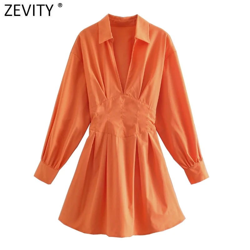 

Zevity Women Vintage V Neck Solid Color Pleat Design Mini Shirt Dress Female Chic Sexy Back Hole Bandage Court Vestidos DS8334