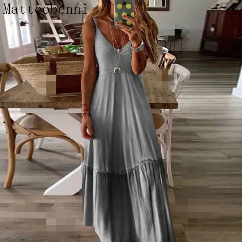 

Plus Size S-5XL Women Robe Summer 2020 Deep V-Neck Spaghetti Strap Loose Long Dress Gradient Elegant Women Beach Maxi Sundress