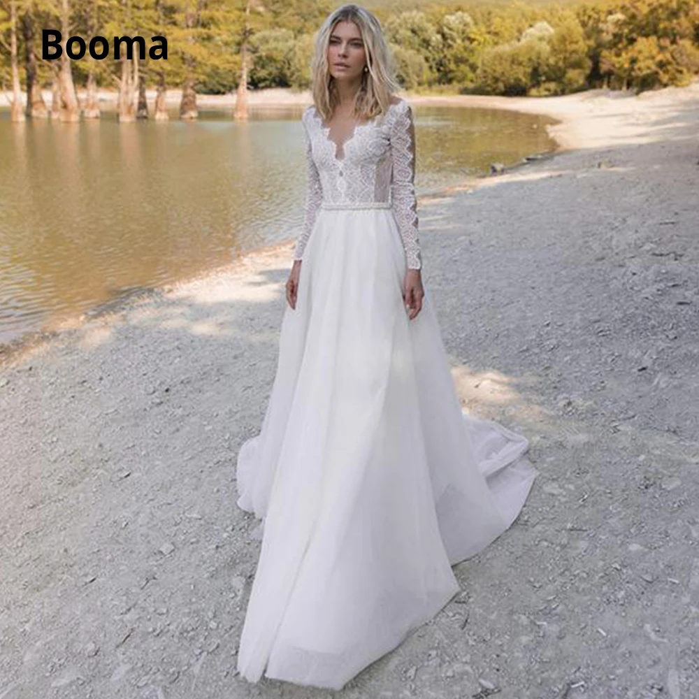 

Booma Long Sleeve Lace Wedding Dresses Boho 2019 Back Illusion Pears Beach Bridal Gowns A-line Wedding Party Dress Sweep Train