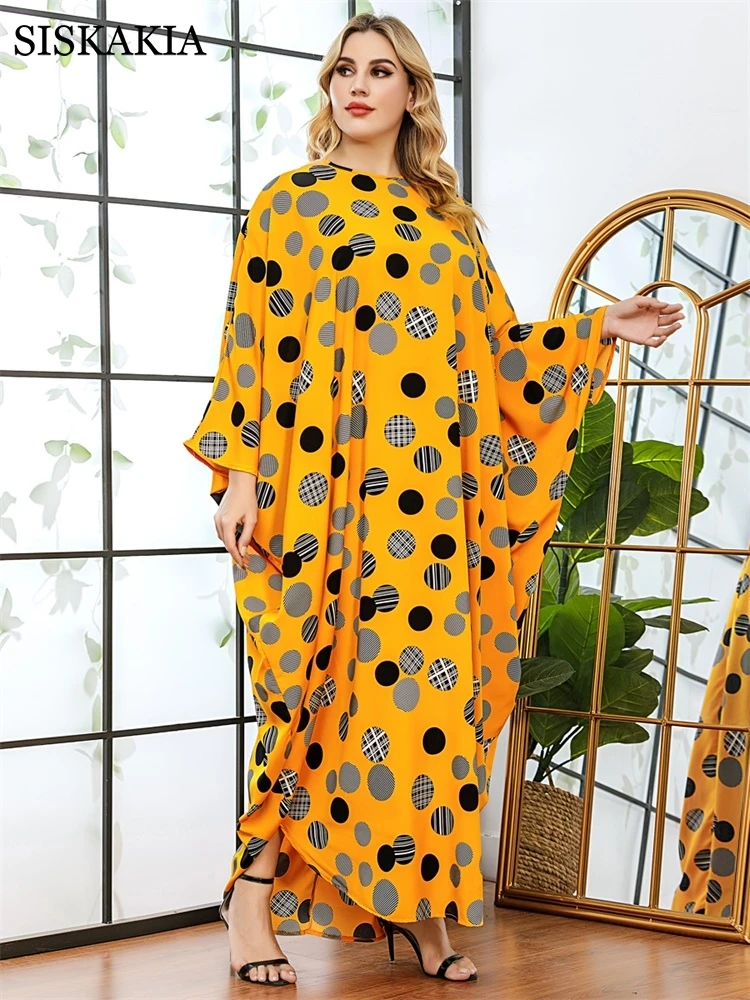 

Yellow Dot Print Maxi Dresses For Women 2021 New Batwing Long Sleeve Loose Plus Size Casual Arabic Dubai Turkish Muslim Clothes