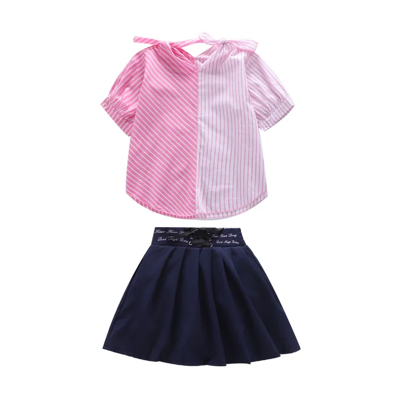 

New 2020 Girls Summer Clothing Sets Children 2 Pcs Striped Patchwork Blouses +skirts Set Kids Outwear Baby Girls Clothes Suits