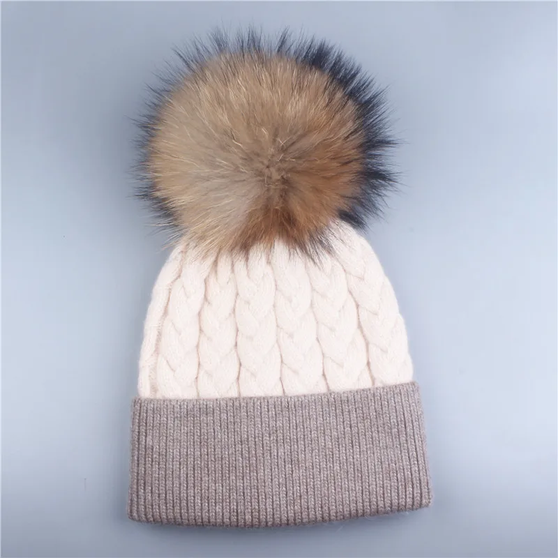 beige kakhi Xthree зимнее, связанное из шерсти шапочки кашемировые настоящие норковые Меховые помпоны Skullies hat для женщин девочек hat feminino - Цвет: beige kakhi