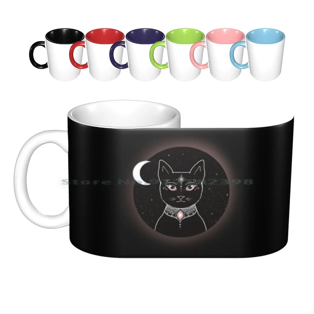 

Black & White Cat Moon Rose Gold Ceramic Mugs Coffee Cups Milk Tea Mug Pink Rose Gold Rose Night Cat Moon Luna Stars Star Sky