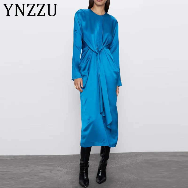 Женское платье с длинным рукавом YNZZU Элегантное синее бантом на завязках круглым
