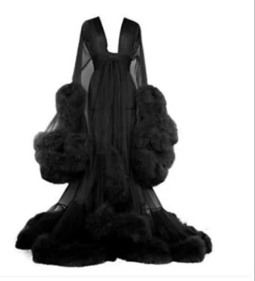 

STAR0322 Sexy transparent underwear women short hairy bathrobe new sexy home clothing short fur trim long lace trim robe set