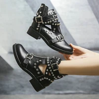 women ankle boots womens fashion rivet shoes woman leather buckle strap ladies chunky heels female punk rome footwear