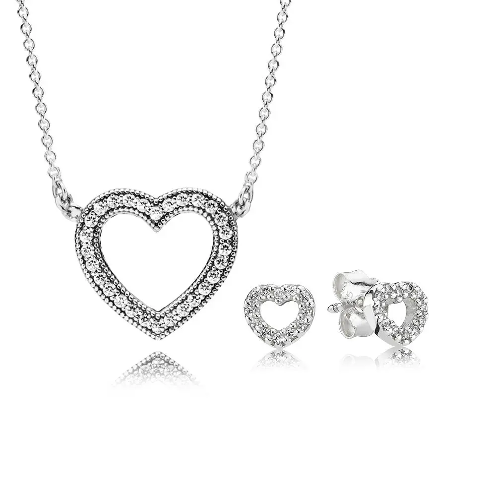 

NEW 100% 925 Sterling Silver Loving Hearts Necklace and Earring Set Clear CZ Fit European Girl Original Charms DIY Jewelry Gift