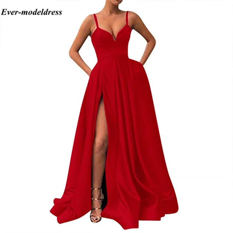 Vestidos De Gala королевские синие платья для выпускного вечера с высоким разрезом на тонких бретелях Простые Вечерние платья для выпускного вечера с карманами дешевые халаты