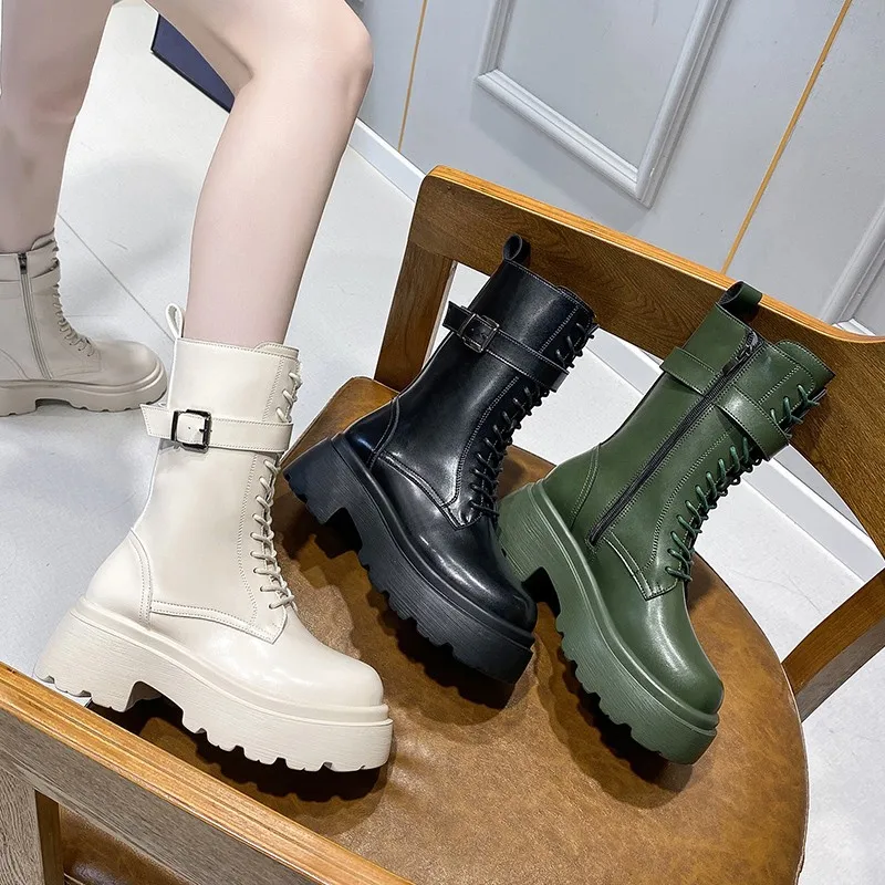 

Thick-soled Martin Boots Women's Spring And Autumn British Style 021 New Soft Leather White Booties Joker Boots