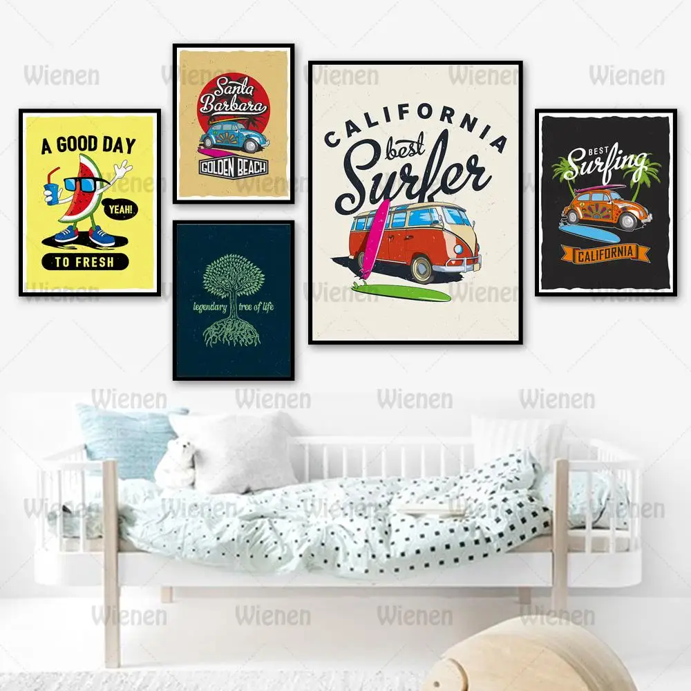 

Funny Cartoon Posters and Prints Watermelon Bus Surfboard Travel Nordic Wall Art Canvas Painting Wall Pictures Baby Room Decor
