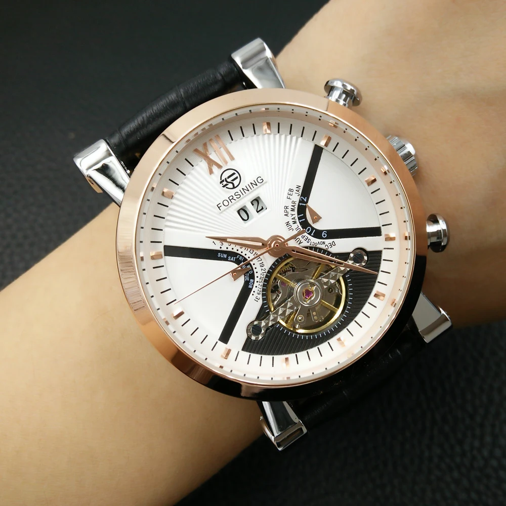 Forsining Tourbillon Мужские часы с автоматической обмоткой кожаный ремешок