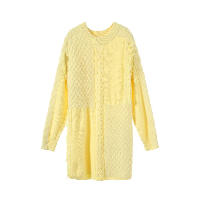Женский Длинный Свитер оверсайз толстый теплый свитер с круглым вырезом и желтой