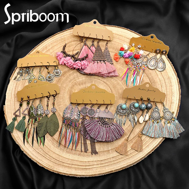 

Vintage Earrings Set for Women Bohemian Tassel Flower Drop Earrings New Geometric Metal Jewelry Ethnic Accessories 3 Pairs/set