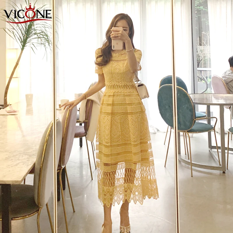 Женское платье VICONE ажурное с кружевным воротником и поясом на лето 2020|Женские