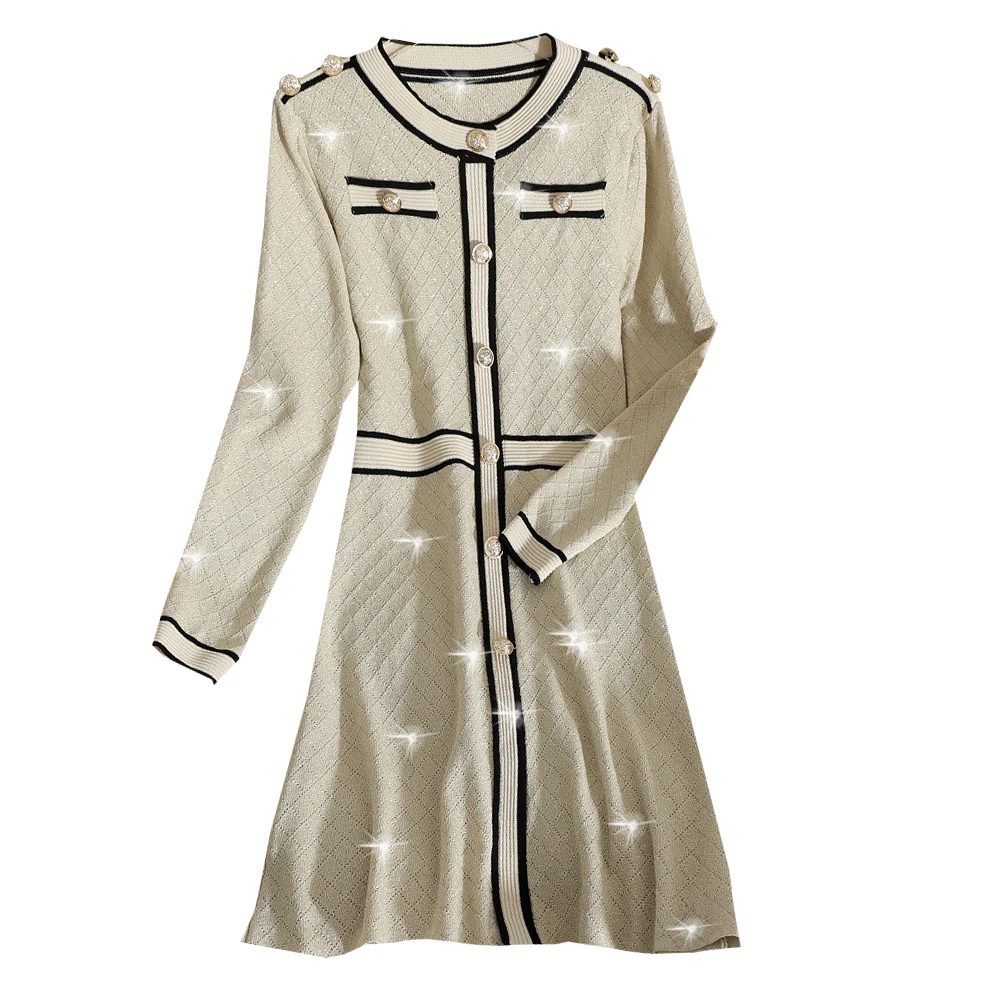 

Wild Knitted Dress Stitching Buttons Dress O-Neck Retro Slim A-line Skirt Dress Long-sleeved Dress Vestidos Bodycon Dress