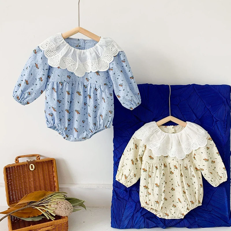 

Korean Style Newborn Baby Girls Jumpsuit Floral Print Stitching Spring Autumn Baby Girls Clothes Toddler Baby Girl Romper