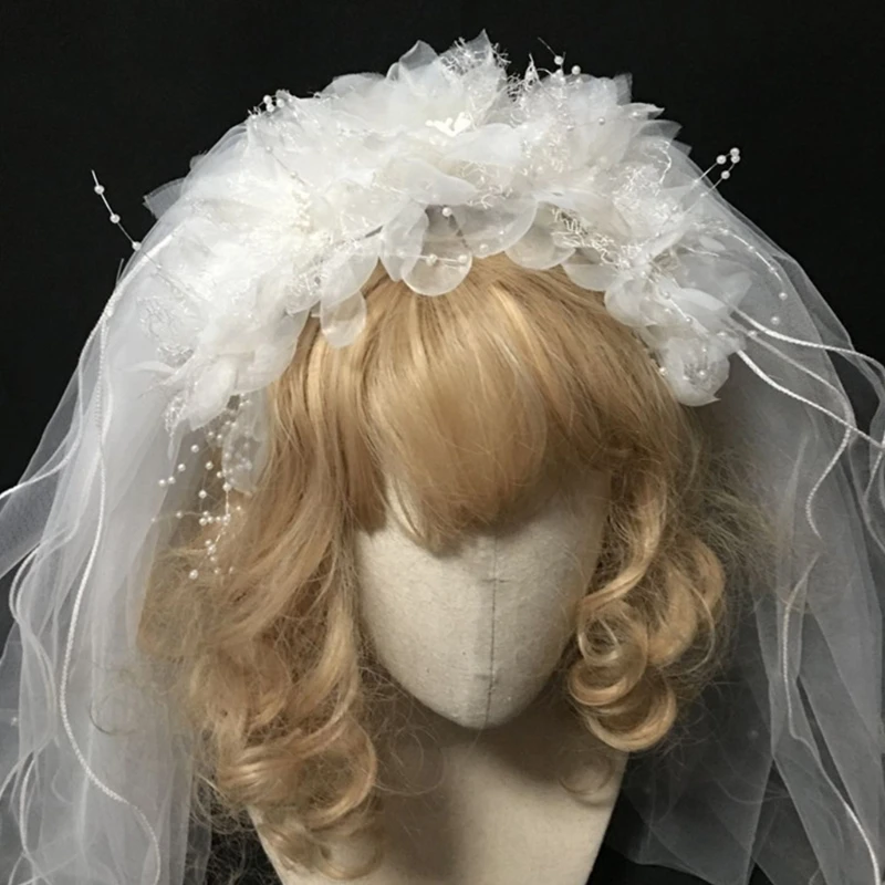 

Bride Multi Layer Wedding Veil Headband White Flower Pearl Beading Hair Hoop X7YC