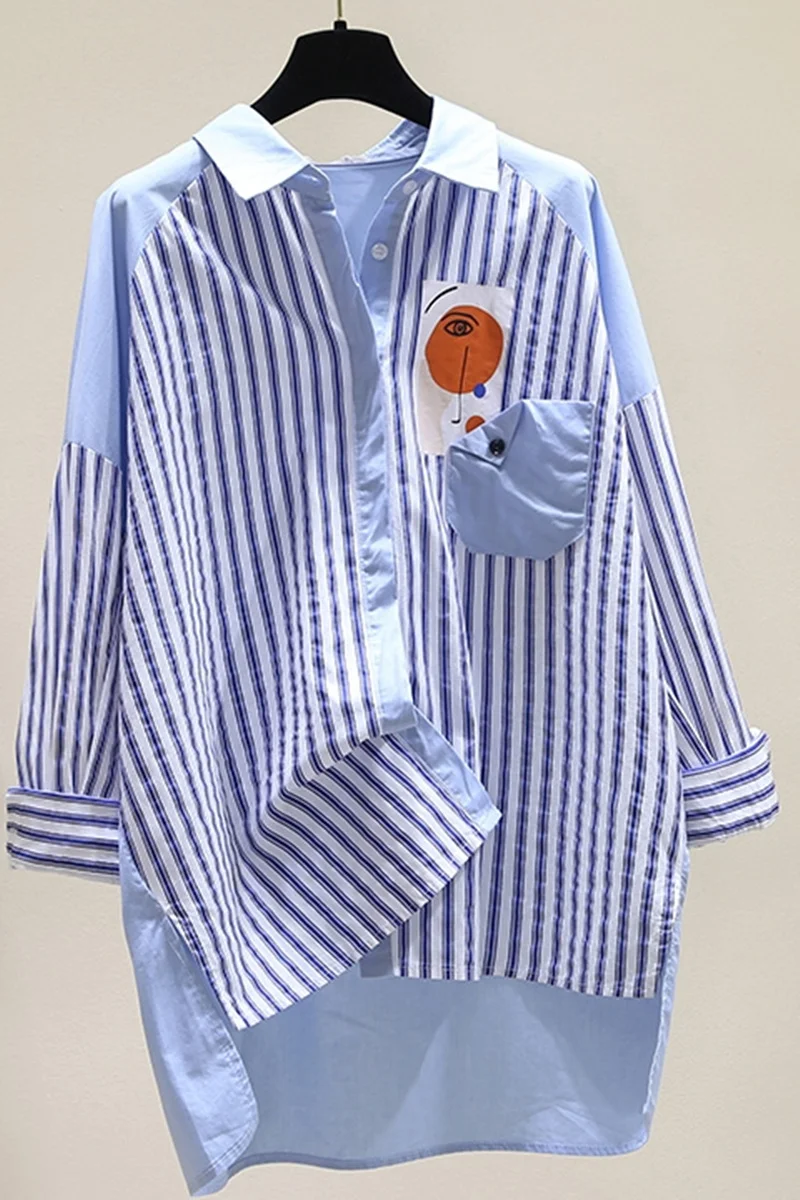 

Blue Striped Colorblock Mid-Length Blouse Women 2021 Loose Cotton Linen Long Sleeve Button Up Shirt Femme Plus Size Blusas Mujer
