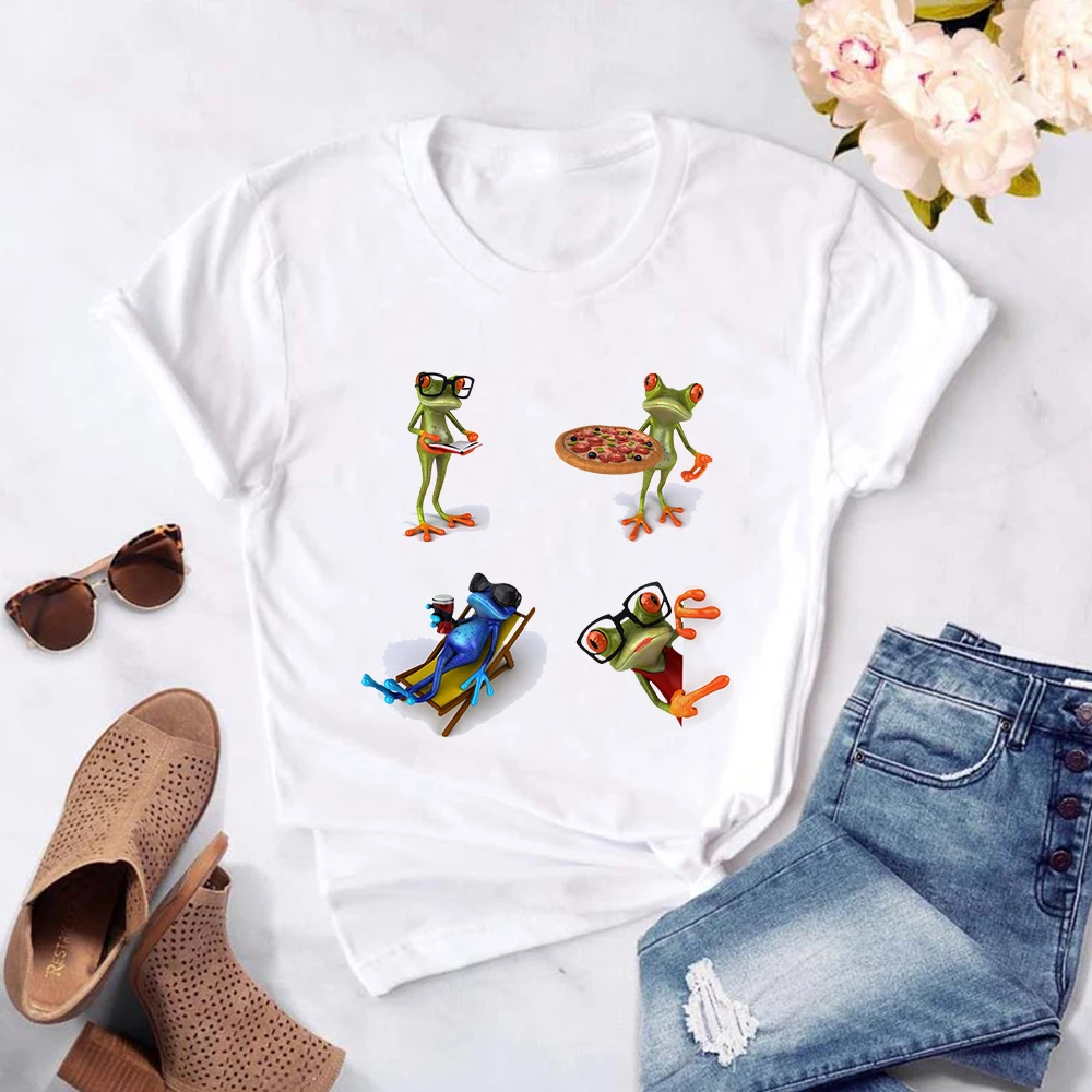

Aesthetic Creative Cool Women T-shirt Cute Sea Frog Leisure Life Printed Short Sleeved Gorgeous Female Shirt 2021 New Arrivals