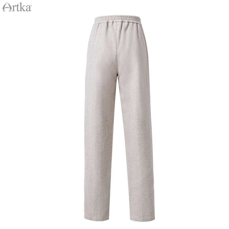 ARTKA 2019 Autumn Winter New Women Pants Elastic Waist Thicken Woolen Trousers Loose Casual Straight Woolen Pants KA10198Q
