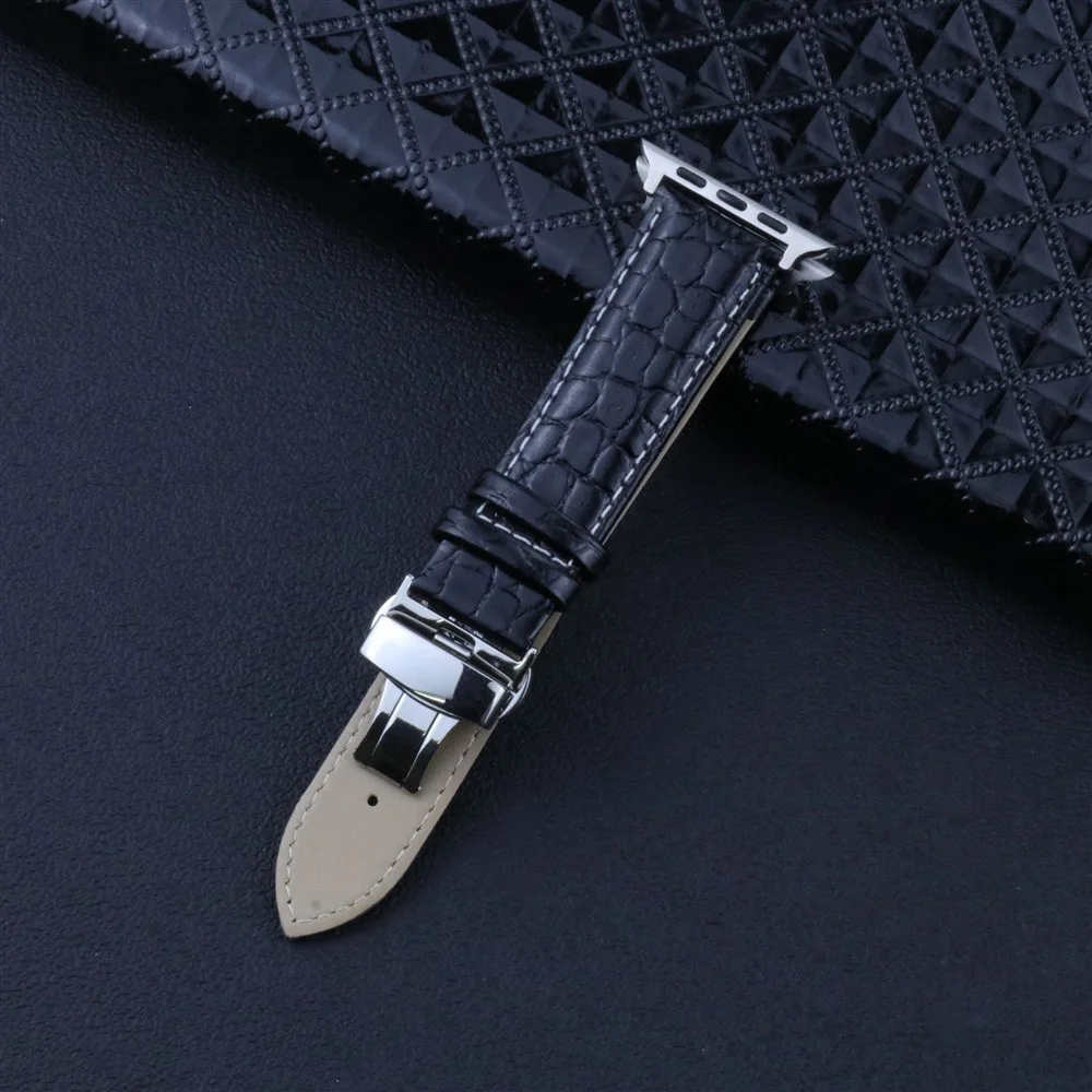 Crocodile Pattern Genuine Leather Butterfly buckle Watch strap for Apple Watch iwatch series 5/4/3/2/1 38mm 40mm 42mm 44mm