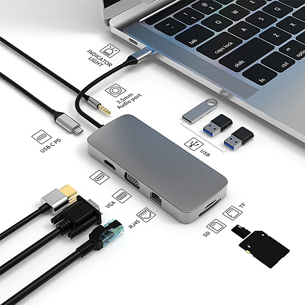 

USB-концентратор 3,0 10 в 1 адаптер Type C HDMI-совместимый RJ45 VGA 4K PD usb-хаб для Macbook Pro док-станции