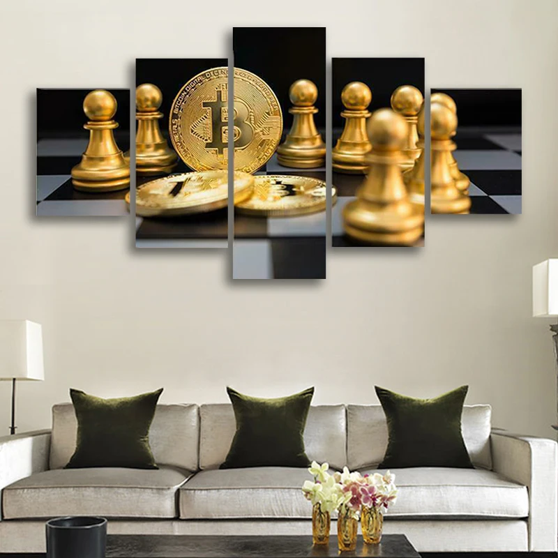

Gold Bitcoin and Chess Board 5 Pcs Canvas Wall Art Painting Home Decor Cuadros